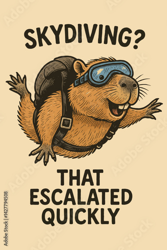 Funny Beaver Skydiving Cartoon with Goggles and Parachute Pack Illustration