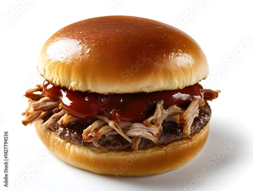 A delicious pulled pork BBQ burger with barbecue sauce on a soft bun is ready to eat.