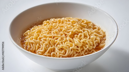 A bowl of cooked instant noodles in a white bowl sits on a white background ready to be eaten.