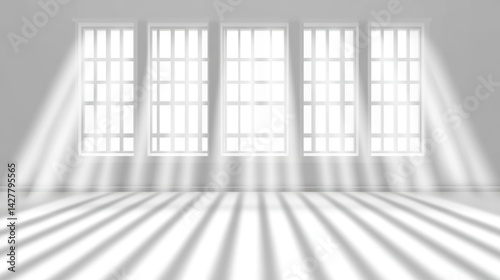 illuminated interior space casting long shadows with natural light shining through multiple windows creating an ethereal atmosphere