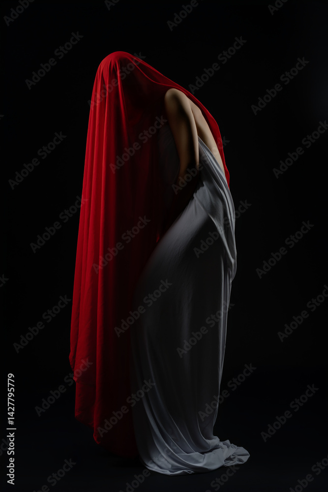 Model poses dramatically with flowing fabrics in casting session Model poses dramatically with flowing fabrics in casting session