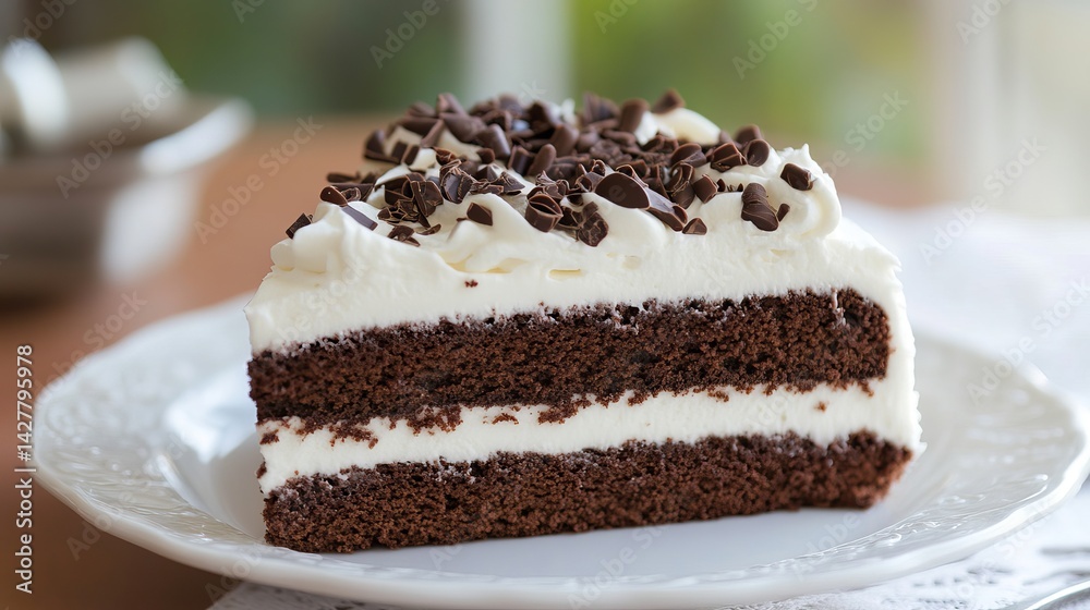 Delicious chocolate cake slice with creamy frosting and chocolate shavings food rich sweet brown Delicious chocolate cake slice with creamy frosting and chocolate shavings food rich sweet brown