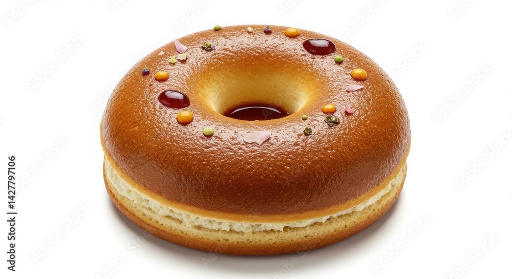 Close up of a glazed donut with colorful sprinkles on top Close up of a glazed donut with colorful sprinkles on top