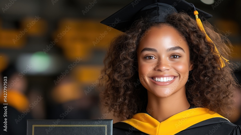 Student celebrates achievement by holding diploma and certificate at graduation ceremony in bright venue filled with graduates
