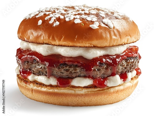 A delicious juicy burger topped with creamy sauce, strawberry jam, and a sweet bun, perfect for a satisfying meal. photo
