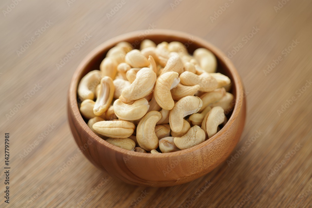 Close-up image of pile of cashews in brown bowl, healthy food snack, wood grain background, focus on foreground, copy space Close-up image of pile of cashews in brown bowl, healthy food snack, wood grain background, focus on foreground, copy space