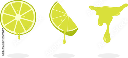 Lime Slice with Juice Splash in Cartoon Style for Fresh Citrus and Beverage Design Elements