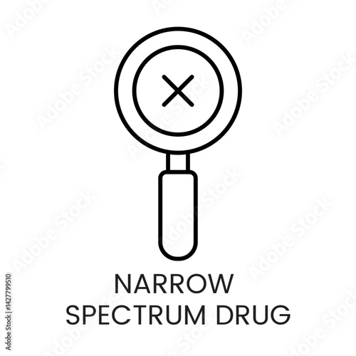 A magnifying glass icon with a cross inside, symbolizing close inspection and focus in narrow spectrum drugs, in vector style, with an editable stroke