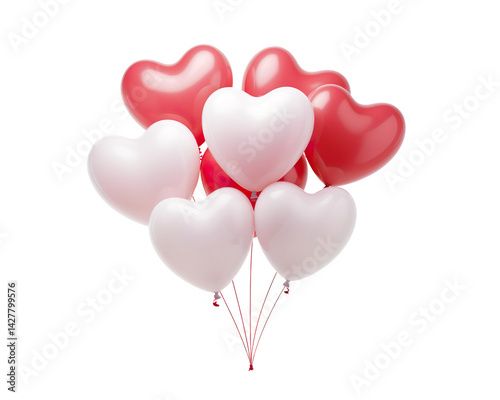 : Red, pink and white heart shaped balloons floating on top half on a transparent background