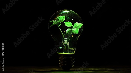 a green light bulb with a plant inside of it, green energy, environmental light