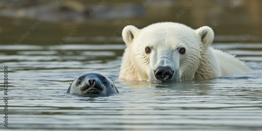 Fototapeta premium A dramatic image of a polar bear hunting, its gaze locked on a hidden seal.
