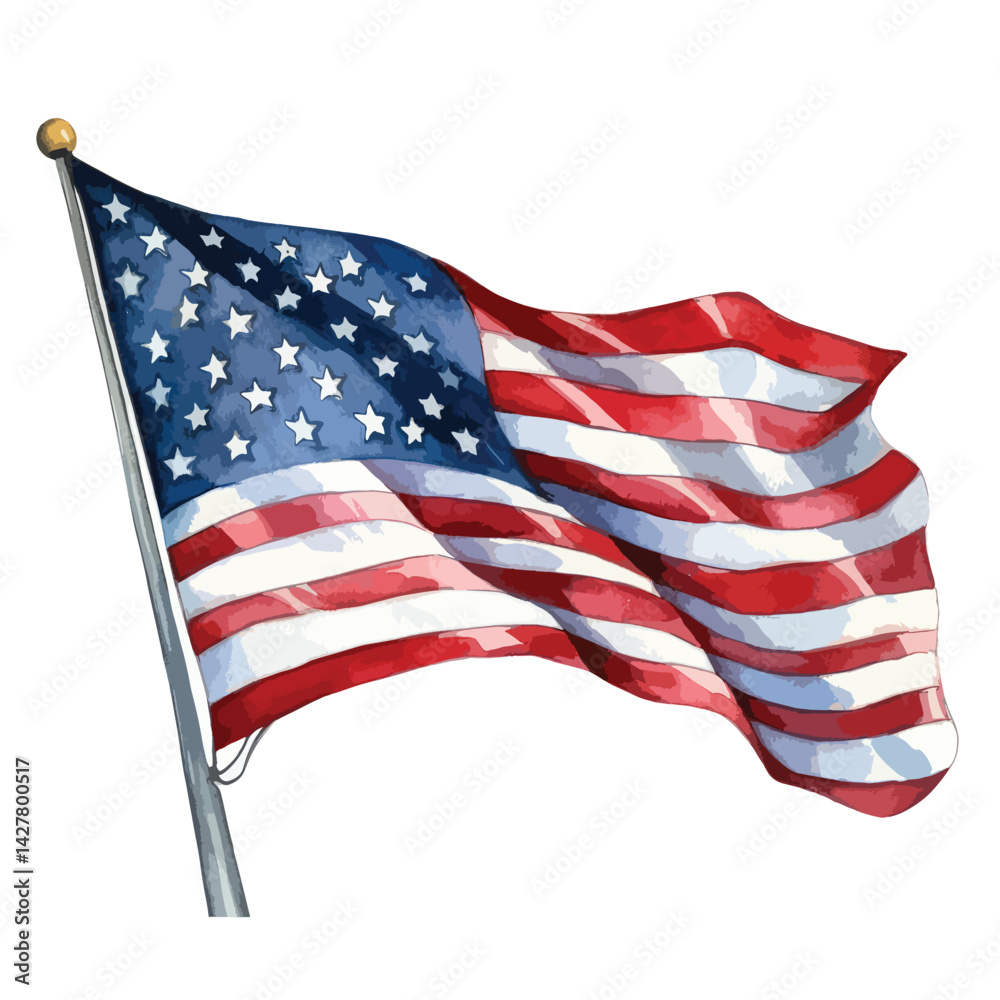 Fototapeta premium A American flag waving cute watercolors illustration on white background