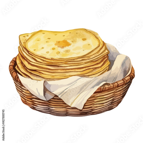 A basket of freshly baked tortillas cute watercolors illustration on white background