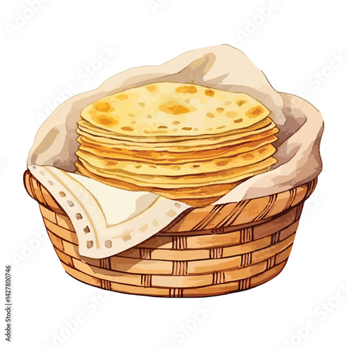 A basket of freshly baked tortillas cute watercolors illustration on white background