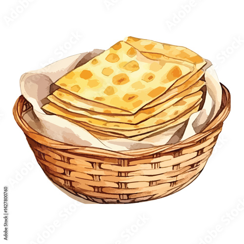 A basket of freshly baked tortillas cute watercolors illustration on white background