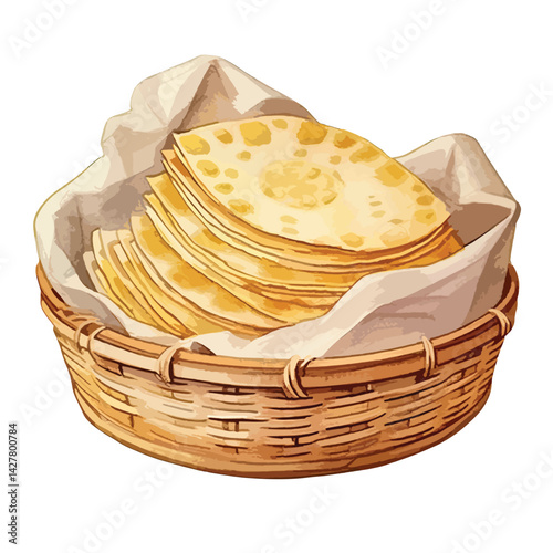 A basket of freshly baked tortillas cute watercolors illustration on white background