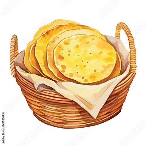 A basket of freshly baked tortillas cute watercolors illustration on white background