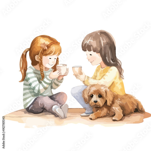 A Best friends wearing silly hats cute watercolors illustration on white background