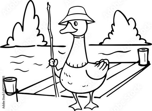 Funny cartoon goose clipart set in whimsical line art style perfect for spring and playful farm animal themes