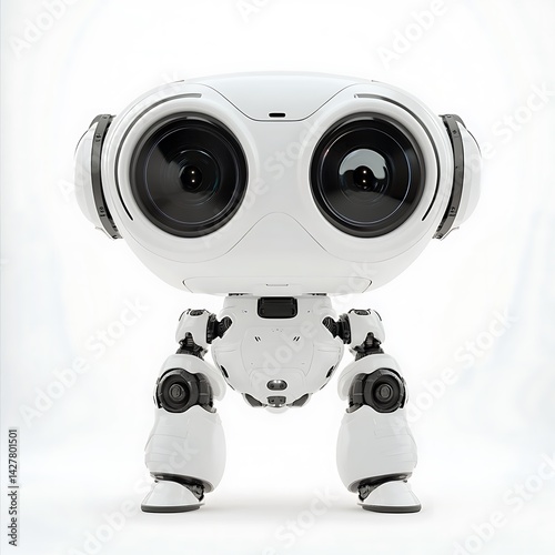 A cute cartoon blue android robot with 3d glasses looks at a blue computer screen displaying futuristic technology