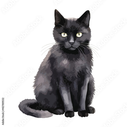 A black cat with glowing eyes cute watercolors illustration on white background