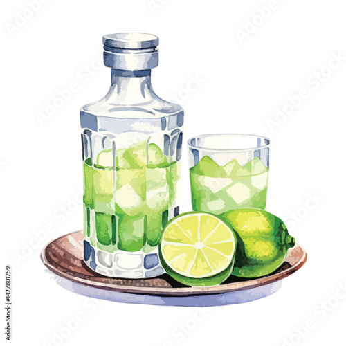 A bottle of tequila with shot glasses cute watercolors illustration on white background
