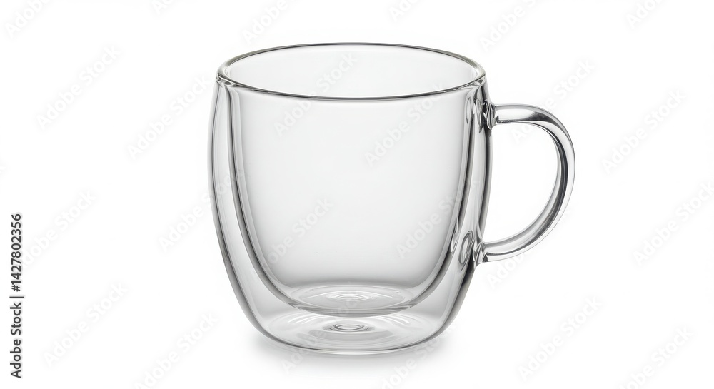 A clear double walled glass mug with handle on white background A clear double walled glass mug with handle on white background