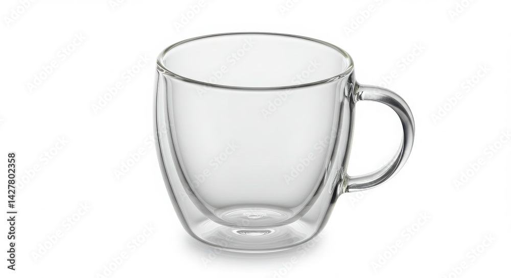 Clear double walled glass mug with handle on white background Clear double walled glass mug with handle on white background