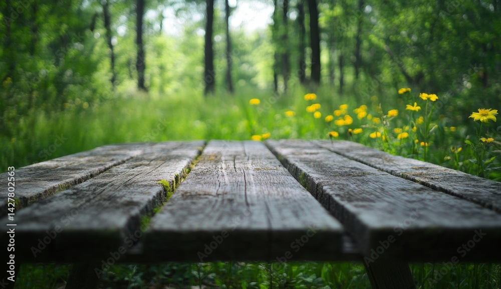 Wooden picnic table in a forest clearing with yellow wildflowers Wooden picnic table in a forest clearing with yellow wildflowers
