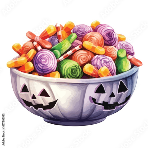 A bowl of candy for Halloween night cute watercolors illustration on white background