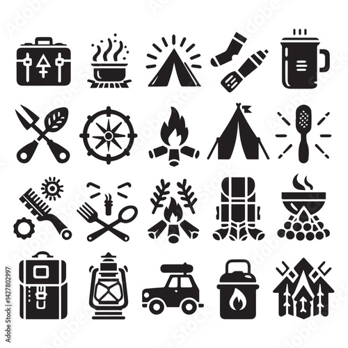 create camping elements Silhouette with white background
