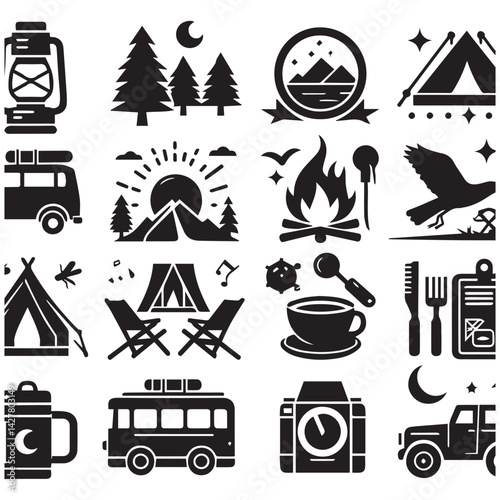 create camping elements Silhouette with white background