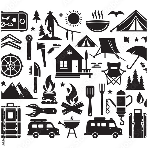 create camping elements Silhouette with white background