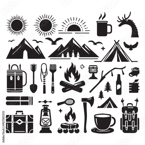 create camping elements Silhouette with white background