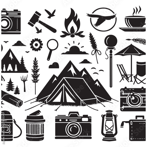 create camping elements Silhouette with white background