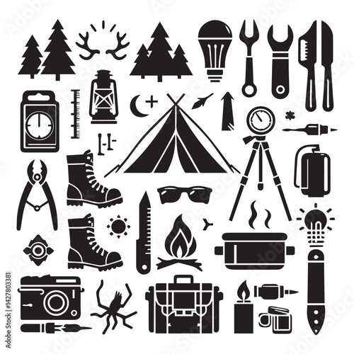 create camping elements Silhouette with white background