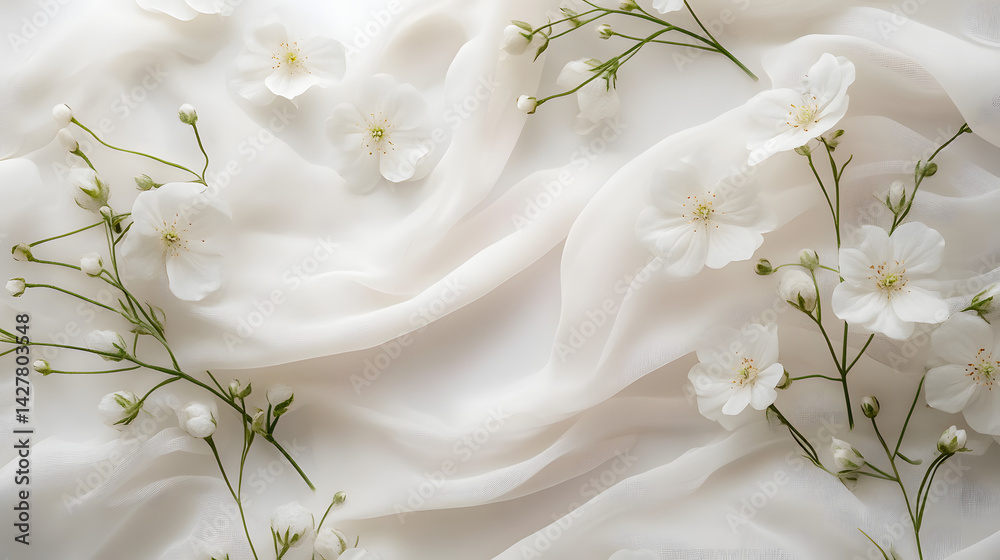 Delicate white flowers on soft fabric minimalist aesthetic pure white background elegant design Delicate white flowers on soft fabric minimalist aesthetic pure white background elegant design