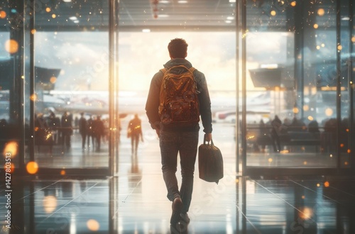A confident man with a backpack walking toward a departure gate