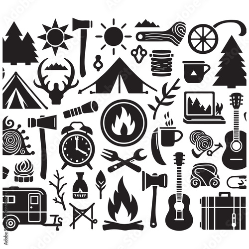 create camping elements Silhouette with white background