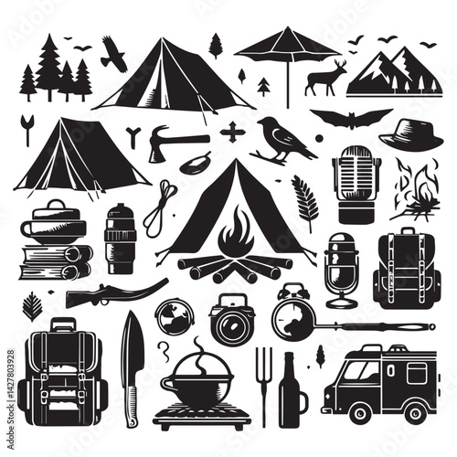 create camping elements Silhouette with white background