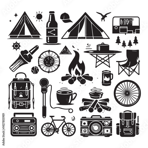 create camping elements Silhouette with white background