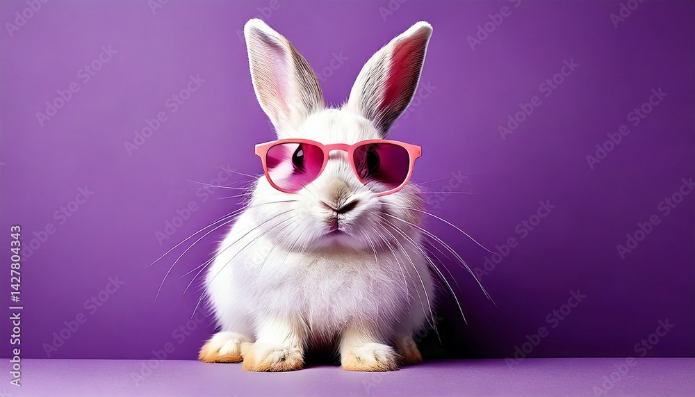 Fototapeta premium White rabbit with pink glasses, sitting cutely with legs close together, solid lavender background, realistic style