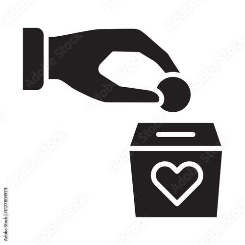 Charity and donation icon. Hand inserting coin to box icon. Symbol of fundraising, compassion, philanthropy, giving. Vector illustration