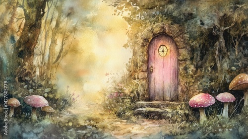 an image of the entrance to a forest with mushrooms and a door leading to a, magic doorway, magical portal gateway