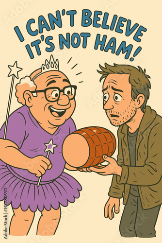 Man Dressed As Fairy Offering Ham to Skeptical Person Cartoon