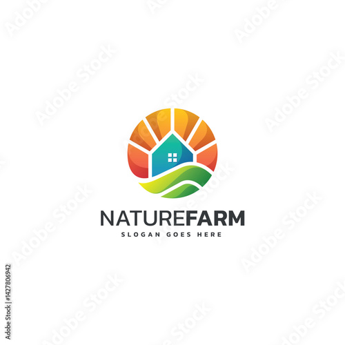Colorful Sunrise Farm Logo with Eco House and Green Landscape
