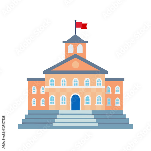 Classic courthouse building with stairs and flag cartoon