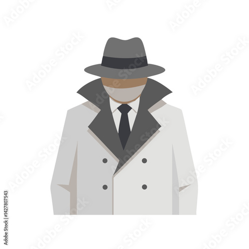 Cartoon spy character in trench coat and hat