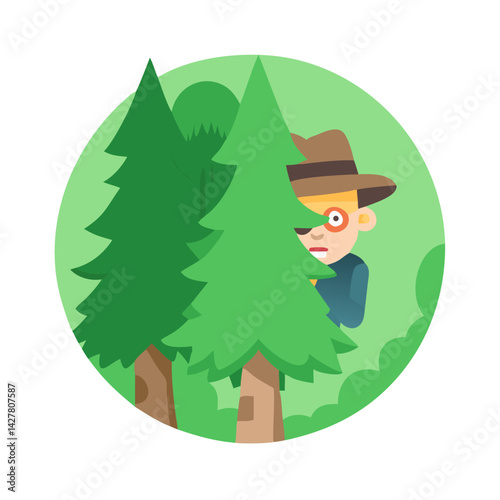 Spy observing from behind trees in cartoon forest style