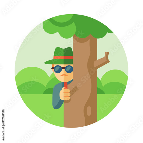 Spy hiding behind tree in forest flat vector
